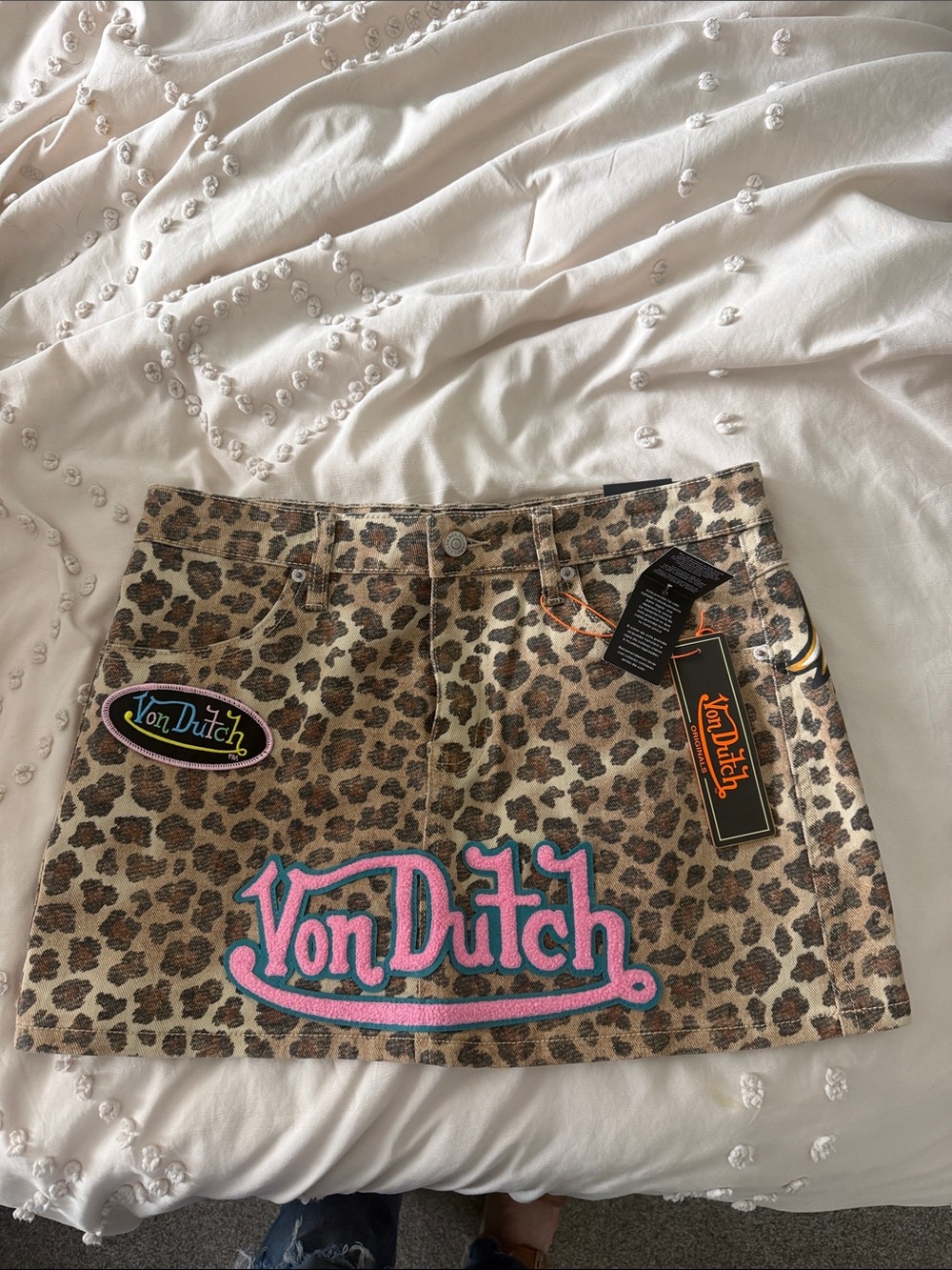 Von Dutch Leopard Mini Skirt with Pink Logo Embroidery